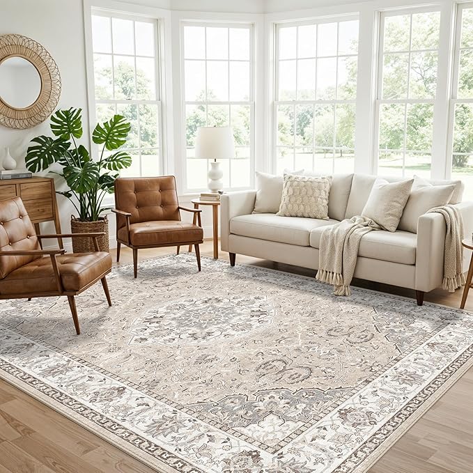 7x10 Area Rug for Living Room: Washable Neutral Vintage Large Rugs for Bedroom by HYHAOYUNLAI