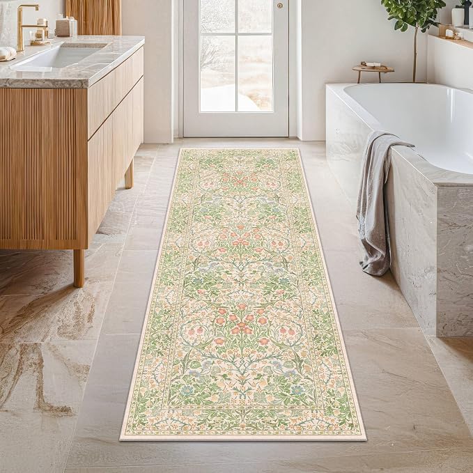 Hazo Haus Non Slip Beige Green Bathroom Runner Rug by HazoHaus