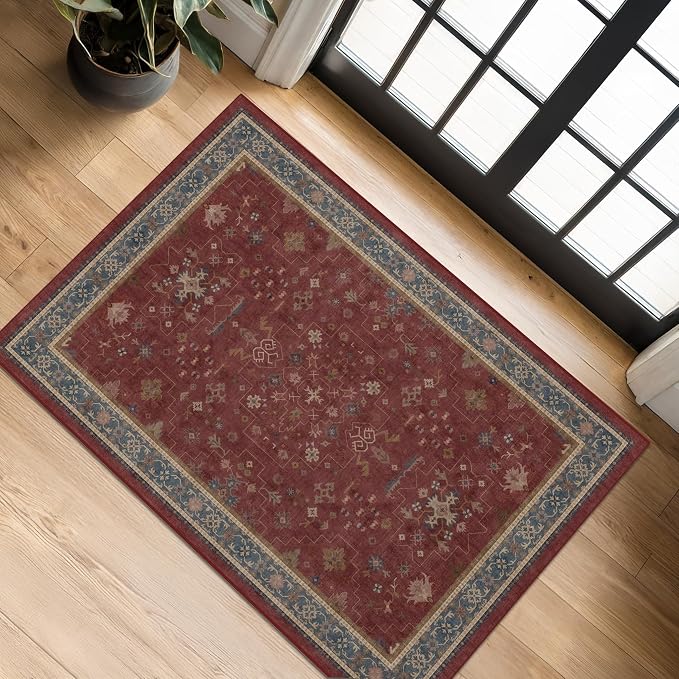 Burgundy 2x3 Washable Rugs for Entryway Indoor, Boho Kitchen Rug for Floor by HazoHaus