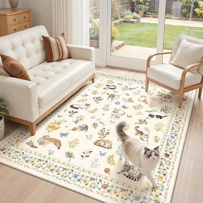 Cat 3x5 Area Rugs for Entryway, Machine Washable Animal Floral Accent Rug - Image 9