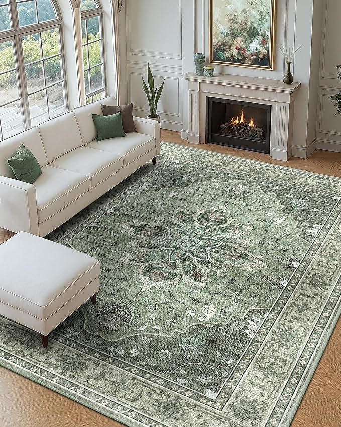 Area Rugs 9'x12' Washable Non-Slip, Floral Vintage Distress Print Pattern by RELEANY