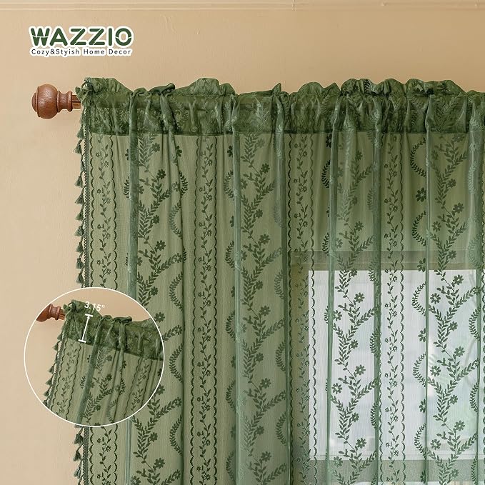 WAZZIO Boho Lace Curtains 2 Panels 63 Inches -Vintage Victorian Sheer Panel - Image 7