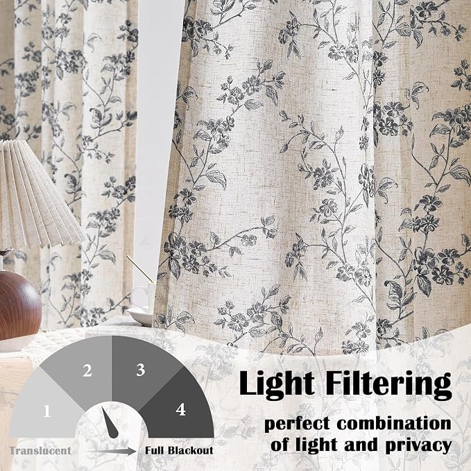 Lazzzy Black Floral Linen Curtains 63 Inch Farmhouse Back Tab Drapes - Image 2