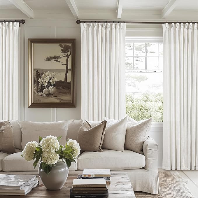 Beige White Pinch Pleated Linen 96 Inch Curtains 60 Inch Width | Linen Blend - Image 8
