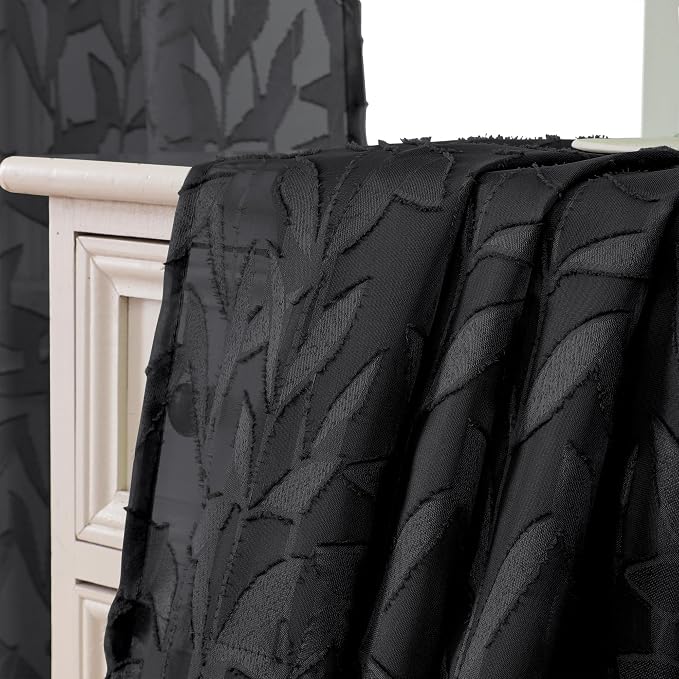 Lecloud Leia Black Sheer Curtains 30 Inch Length 2 Pieces, Breathable Jacquard - Image 3