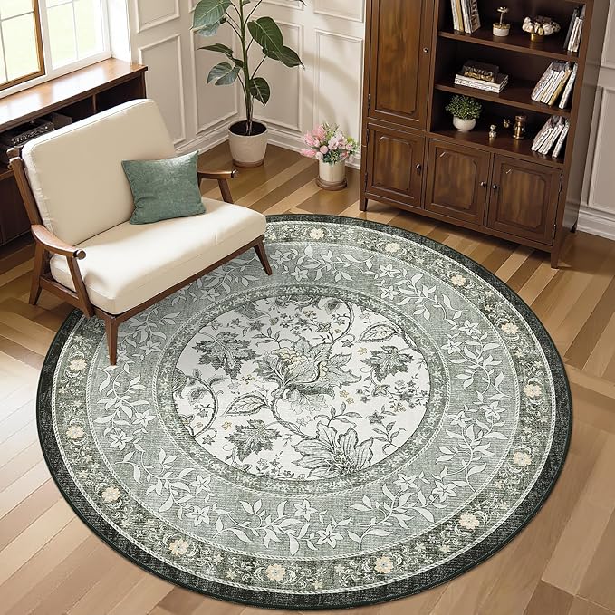 GarveeHome Provence Fog Gray Botanical Grove 5ft Round Rug, Small Circle by GarveeHome