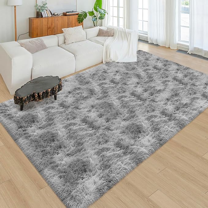 Tie Dye Grey Rug for Living Room 5x8ft Fluffy Modern Shag Area Rug Mat Bedside - Image 4