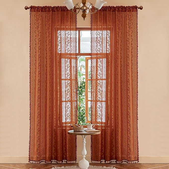 WAZZIO Boho Lace Curtains 84 Inch 2 Panels-Vintage Sheer Panel Drape Floral - Image 3