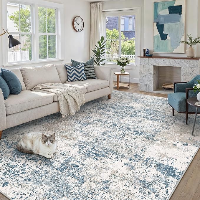 Blue 5x7 Area Rug Washable Modern Abstract Living Room Carpet Non Slip Neutral - Image 3
