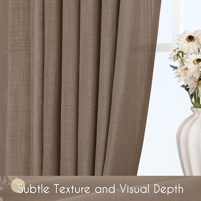 Chocolate Brown Linen Curtain 102 inch Length 2 Panels Back Tab Light Filtering - Image 3