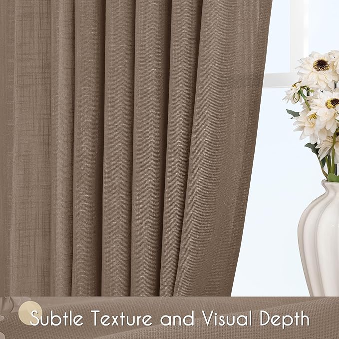 Chocolate Brown Linen Curtain 90 inch Length 2 Panels Set Back Tab Light - Image 3