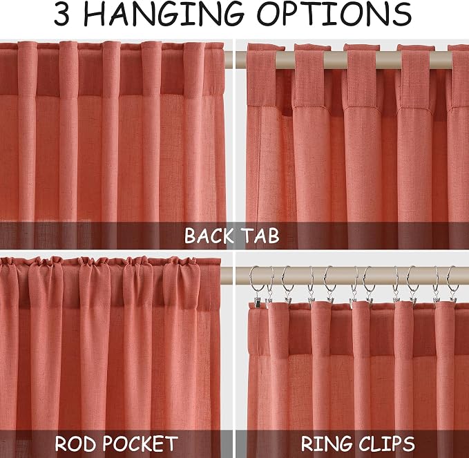 Coral Linen Curtains 102 Inches Long 2 Panel Set Back Tab Rod Pocket Semi Sheer - Image 2