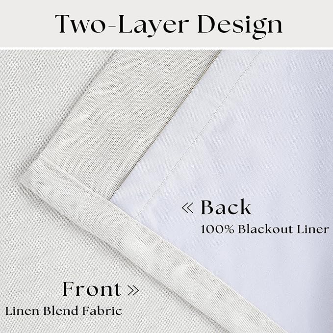 Beige White Extra Long 100% Blackout Linen Curtains 120 Inches Long 2 Panels - Image 4