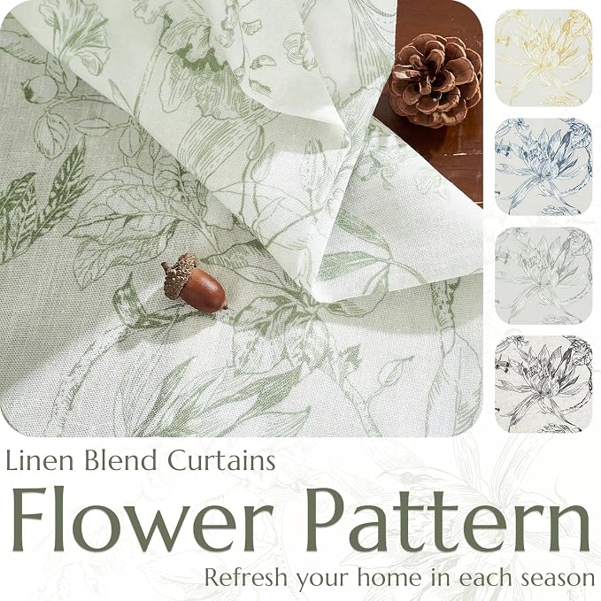 jinchan Floral Curtains 90 Inch Length Sage Green Flower Linen Farmhouse Curtain - Image 4