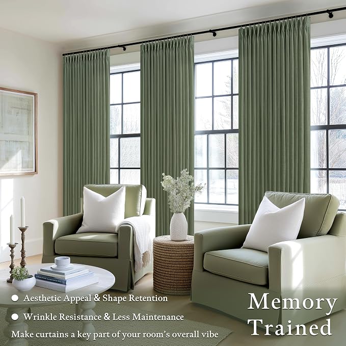 96 Inches Linen Pleated Semi Sheer Privacy Dark Green Loden Curtains 50x96 | - Image 2