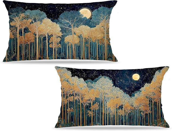 Rustic William Morris Inspired Gold Forest Moon Pillow Covers 12x20 Set of 2 by Unknown