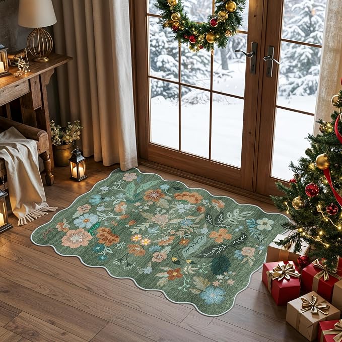 Washable Floral 2x3 Area Rug: Indoor Soft Scalloped Carpet - Image 2