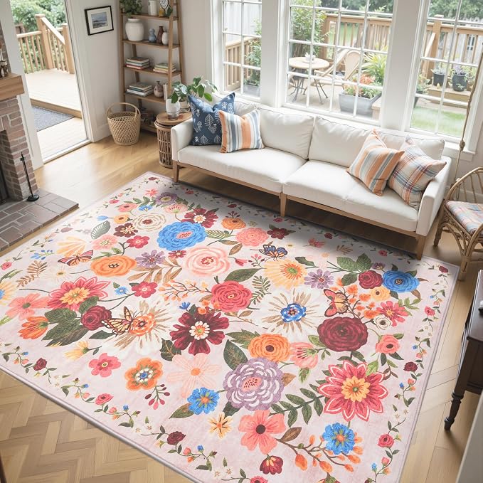 Pink/Beige Floral Washable 6x9 Area Rugs, Soft Bedroom Rug by WelcometoBabovid