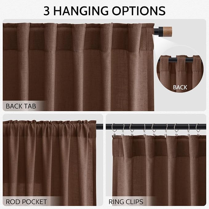 Mocha Brown Linen Curtains Semi Sheer96 Inches 2 Panels - Image 2