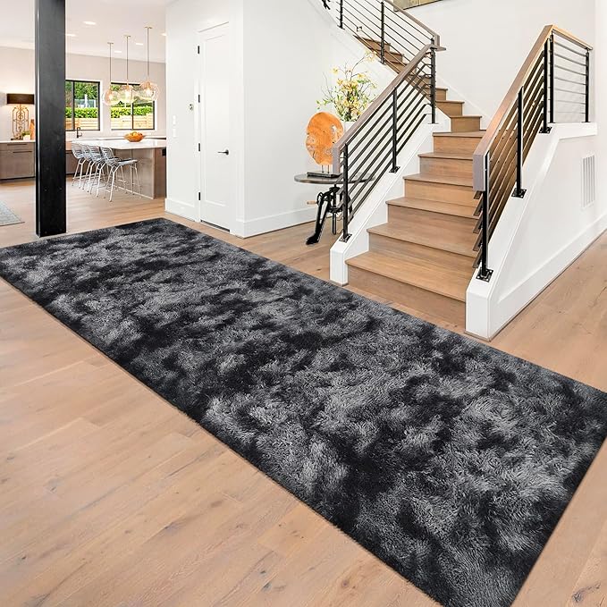 Tie-Dyed Runner Rug for Bedroom Black Grey 3x10ft Fluffy Area Rug Bedside by JiaoBaba