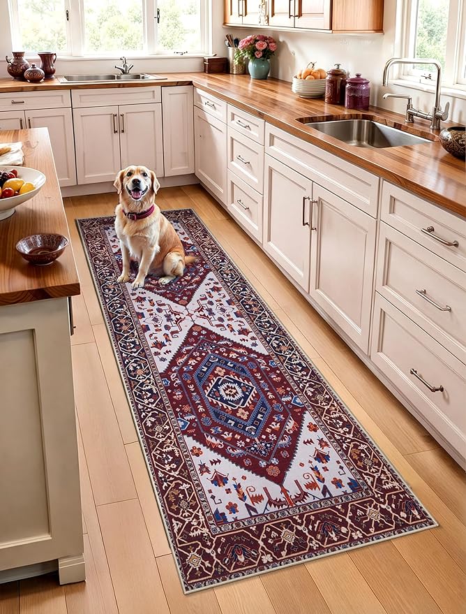SERISSA Boho Washable Runner Rug, 2x6 Rug Runner Non-Slip Vintage Burgundy Navy by SERISSAHomeDecorCollection