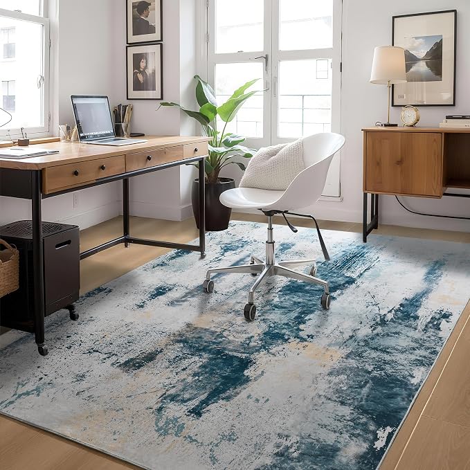 Ompaa Living Room Rug 5x8 Aqua Blue Area Rug Machine Washable Boho Rug Non Slip - Image 3