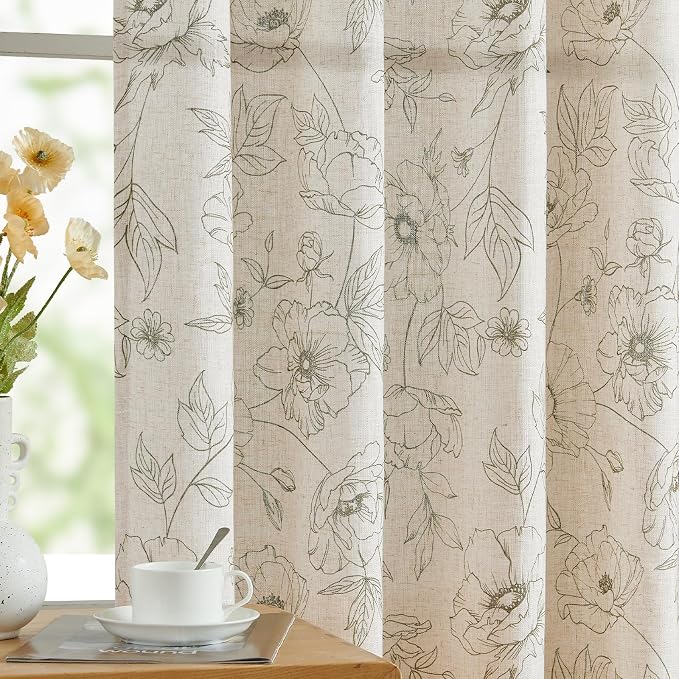 jinchan Floral Linen Curtains for Living Room 63 Inch Length Green Flower by JINCHAN