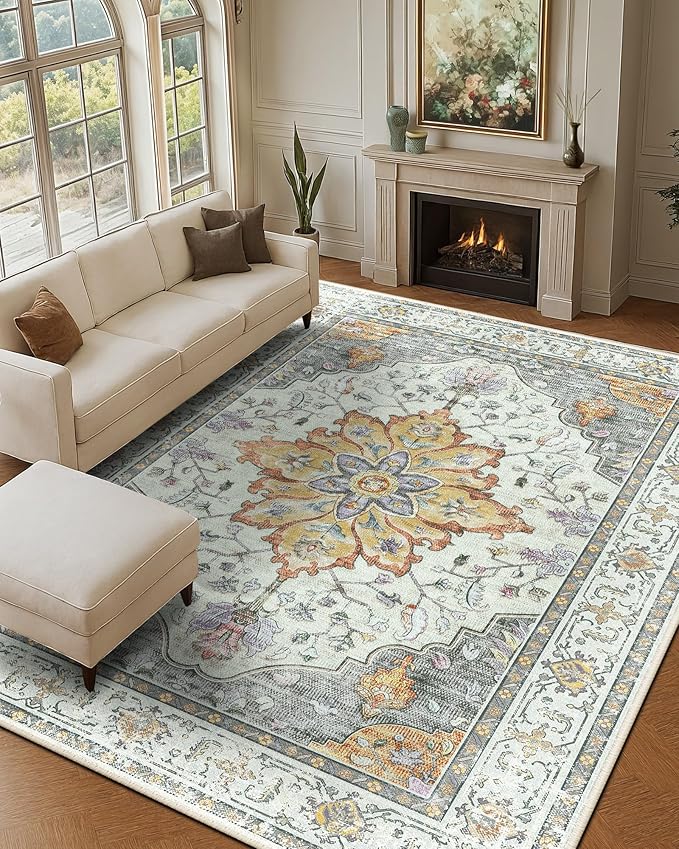 Area Rugs 9'x12' Washable Non-Slip, Floral Vintage Distress Print Pattern by RELEANY