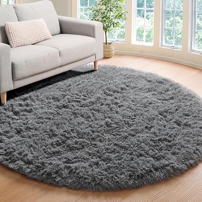 ONASAR Grey Round Area Rug 4ft, Fluffy Plush Shaggy Carpet Mats by ONASAR
