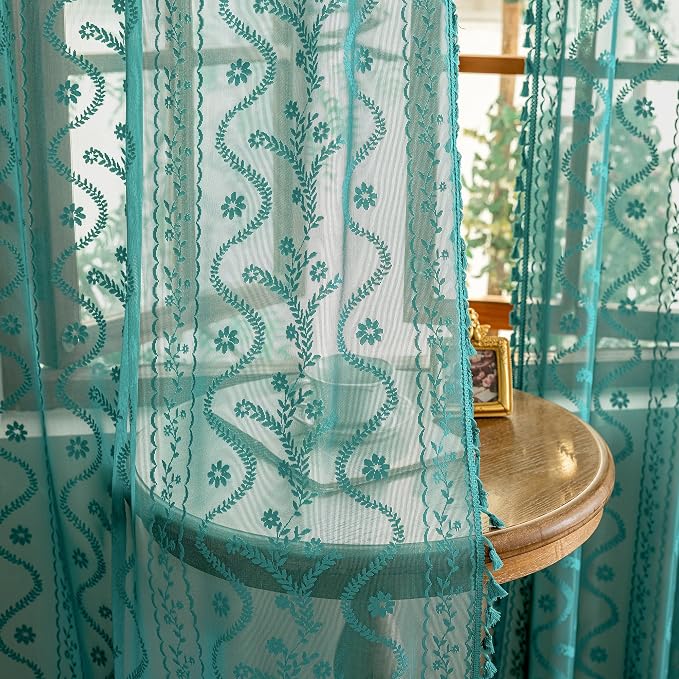 WAZZIO Boho Lace Curtains 2 Panels 45 Inch -Victorian Sheer Panel Drape French by WAZZIO