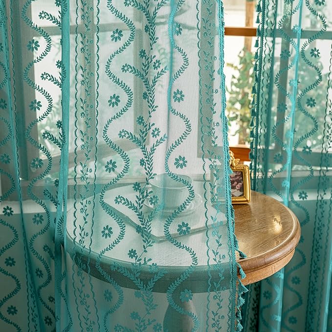 WAZZIO Boho Lace Curtains 2 Panels 84 Inch -Victorian Sheer Panel Drape French by WAZZIO