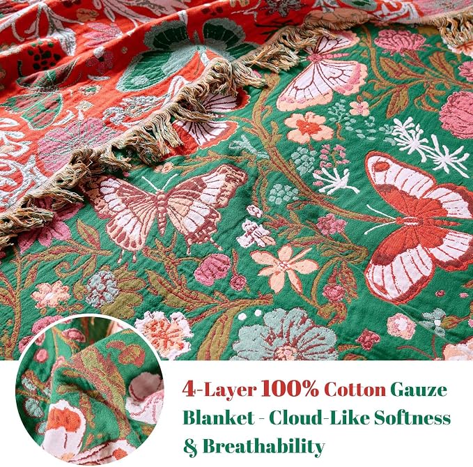 MSGKV Boho Throw Blanket for Couch 50"x60" Butterfly Floral 100% Cotton Blanket - Image 3