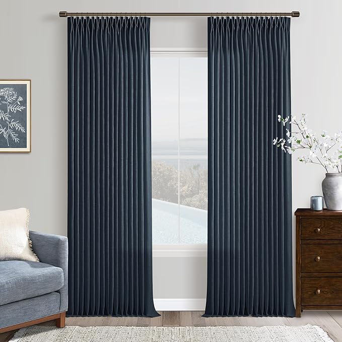 120 Inch Pinch Pleated Linen Navy Semi Sheer Curtains by Twodrapes