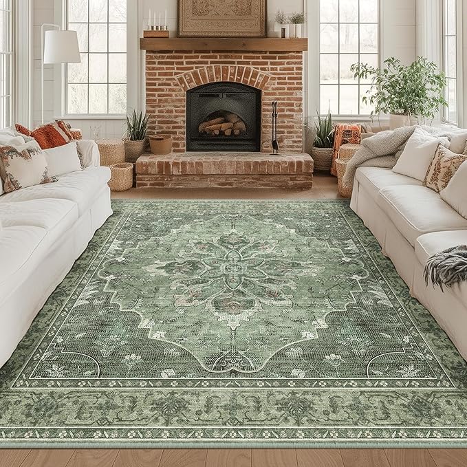 RELEANY Area Rugs Square 8ft Washable Non-Slip, Floral Vintage Distress Print by RELEANY