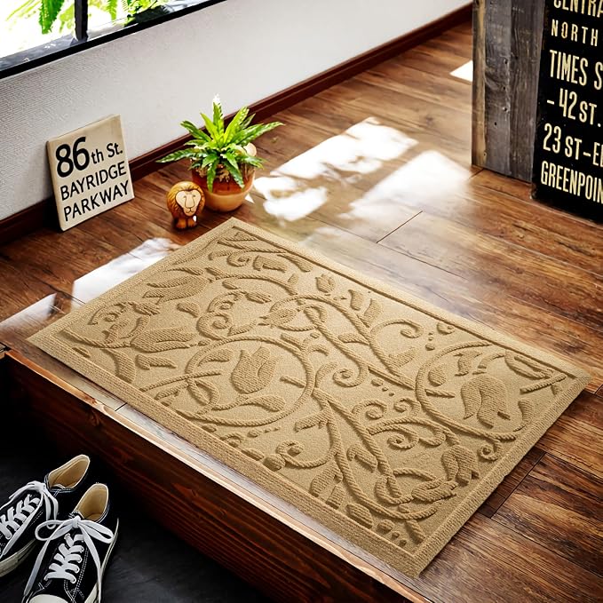 Boho Beige Floral Leaves Outdoor Indoor Entrance Doormats, Absorbent Durable - Image 4