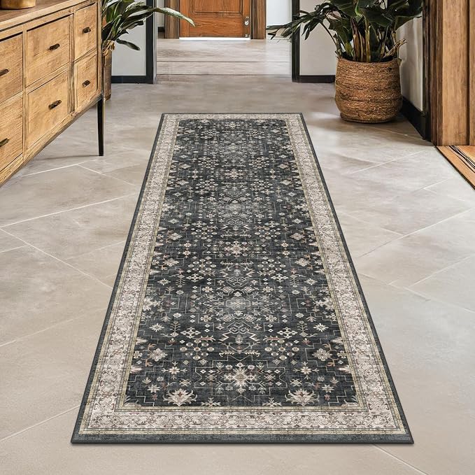 Black Boho Washable 2x6 Runner Rugs by HazoHaus