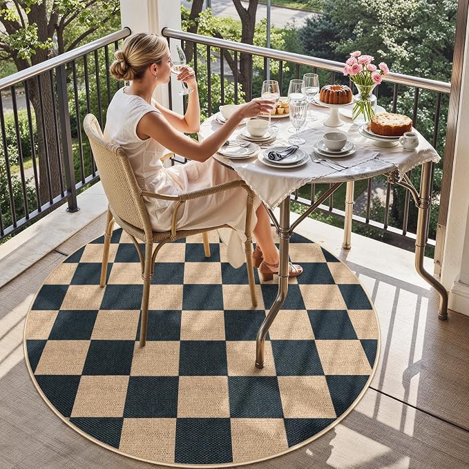 Lahome Colette Checkered 4 ft Easy Jute Round Rug, Washable Small Rugs - Image 3