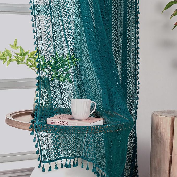 WAZZIO Boho Lace Curtains 63 Inches 2 Panel, Light Filtering Privacy Tassel & - Image 4
