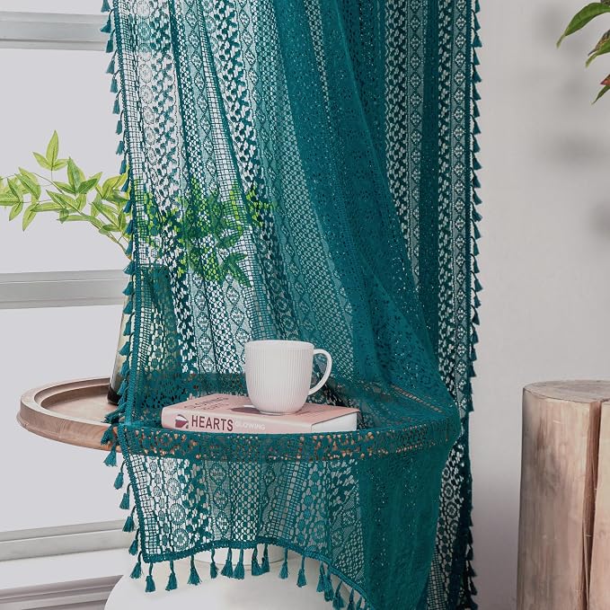 WAZZIO Boho Lace Curtains 45 Inches 2 Panel, Light Filtering Privacy Tassel & - Image 4