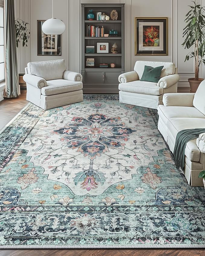 Area Rugs 10'x14' Washable Non-Slip, Floral Vintage Distress Print Pattern by RELEANY