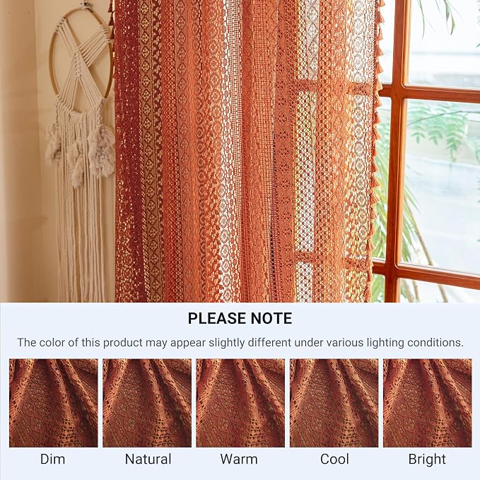 WAZZIO Boho Lace Curtains 72 Inches 2 Panel, Light Filtering Privacy Tassel & - Image 9