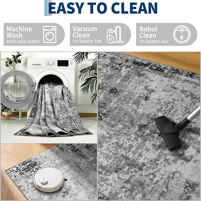Living Room Rug 7x10 Gray Area Rugs Machine Washable Abstract Boho Large Rug - Image 6