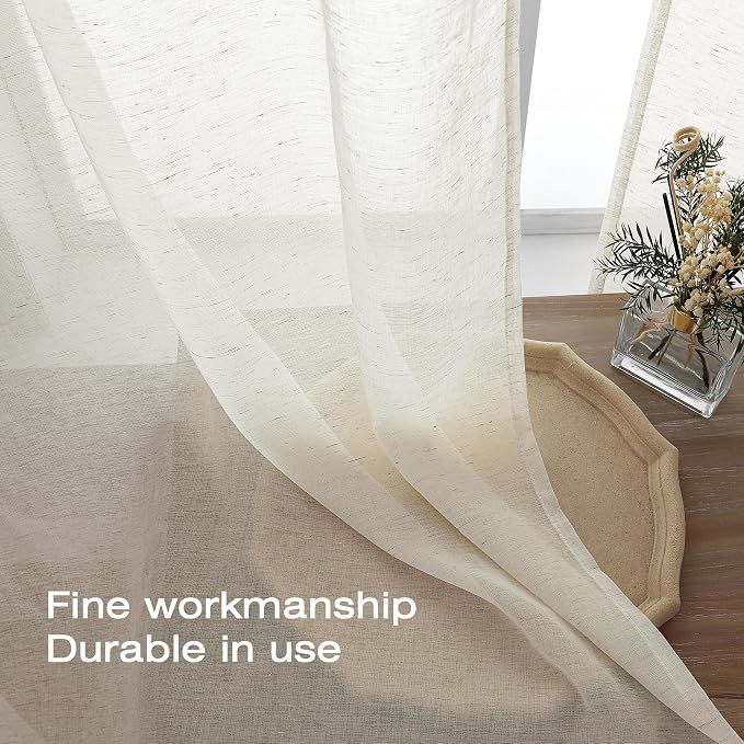 Simplebrand Natural Linen Textured Sheer Curtains 63 Inch Length 2 Panels - Image 6