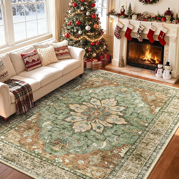 Area Rugs 6'x8' Washable Non-Slip, Floral Vintage Distress Print Pattern - Image 2
