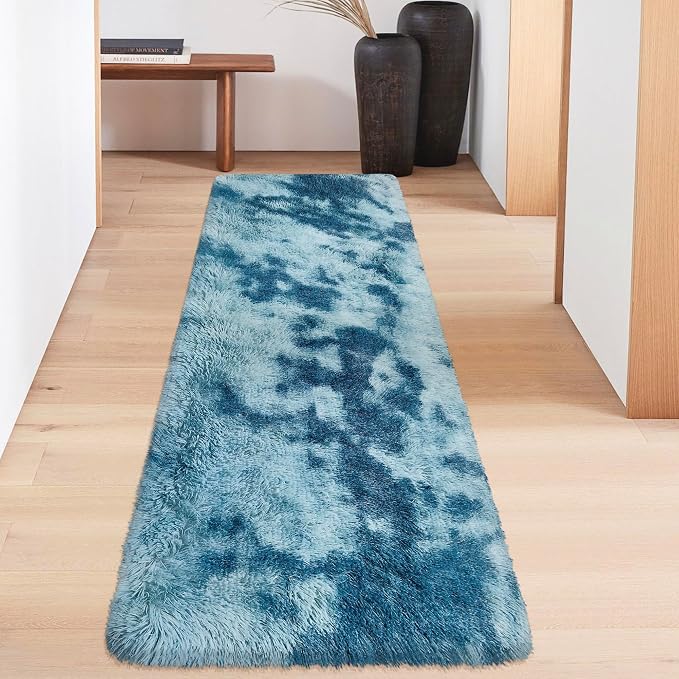 Super Soft Fluffy Living Room Area Rug 2x6 ft Tie-Dyed Light Blue Shaggy Furry - Image 3