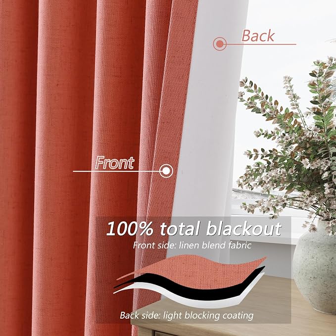 Coral 100% Blackout Linen Curtains 84 Inch Length 2 Panels Set - Image 3