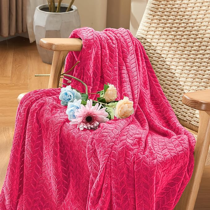 inhand Hot Pink Fleece Twin Blanket, Lightweight Leaves Pattern Fuzzy Blanket - Image 3