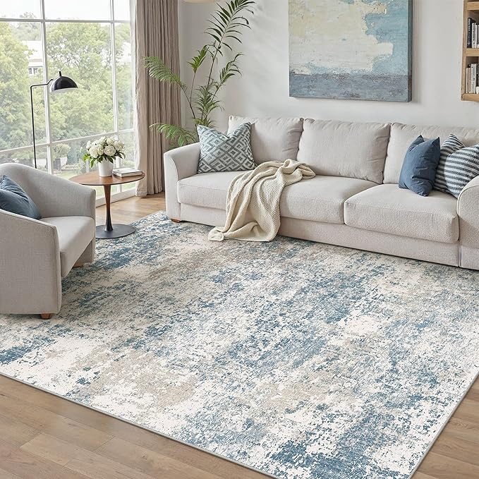 PureCozy Blue 4x6 Area Rug Washable Abstract Office Carpet Modern Neutral Non - Image 3