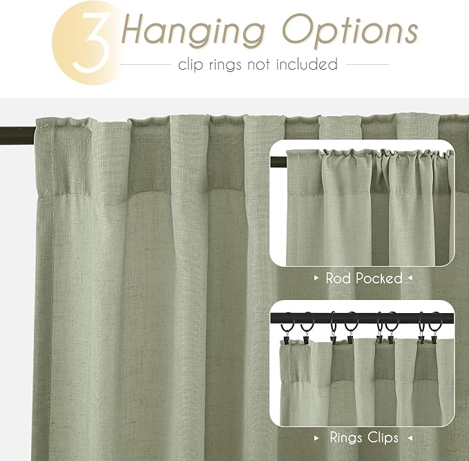 Linen Blend Sage Green Curtains 96 inch Length 2 Panels - Image 2
