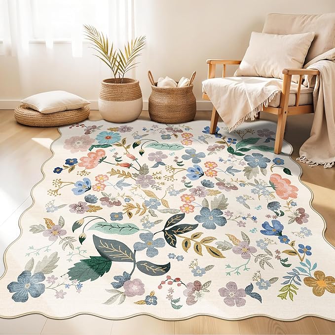 Washable 4x4 Square Area Rug: Floral Scalloped Soft Rugs by HYHAOYUNLAI
